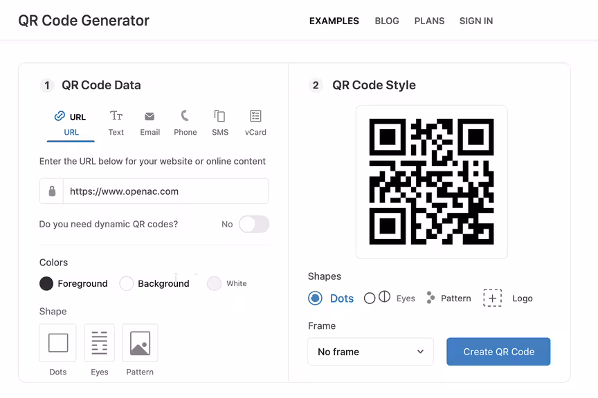 Skjermbilde av QR-kodegenerator som viser alternativer for å lage tilpassede QR-koder