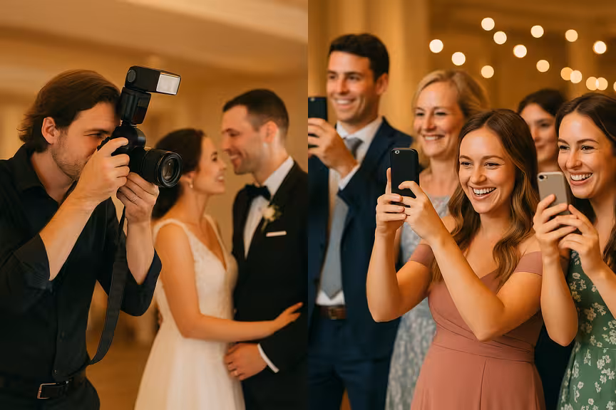 Delt bilde som viser profesjonell bryllupsfotograf til venstre som tar poserte bilder, og bryllupsgjester til høyre som tar spontane bilder med telefoner